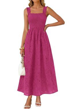 🆕 Women's Dark Red Boho Sleeveless Square Neck Cotton Flowy Long Maxi Dress